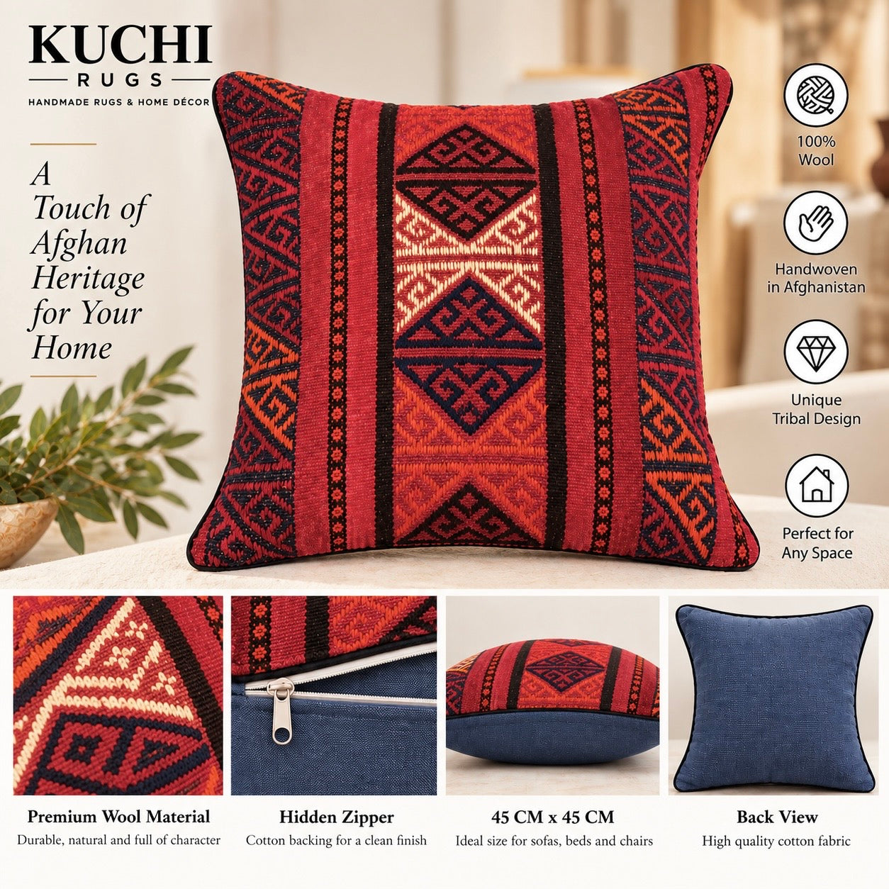Handmade Traditional Design Afghan Cushion 45 cm x 45 cm  AF#133