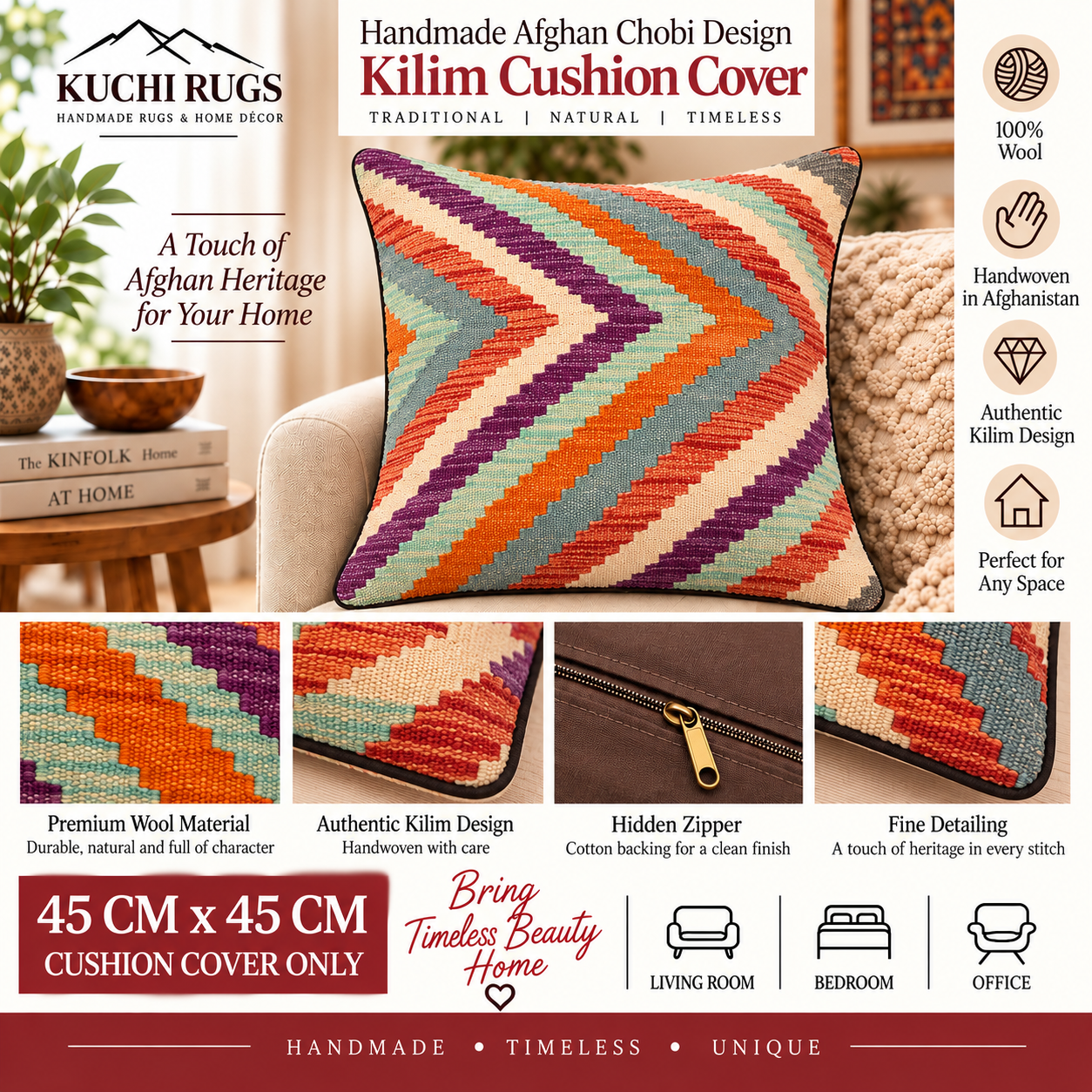 Handmade Chobi Design Kilim Cushion Cover 45 cm X 45 cm AF#126