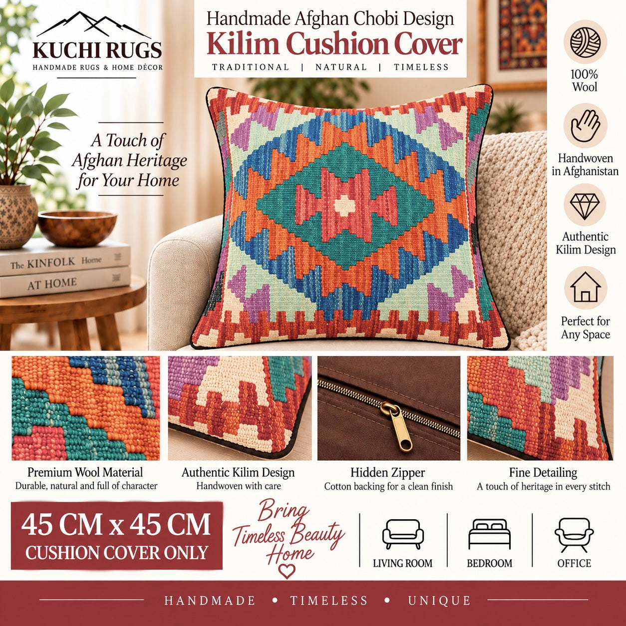 Handmade Chobi Design Kilim Cushion Cover 45 cm x 45 cm AF#128
