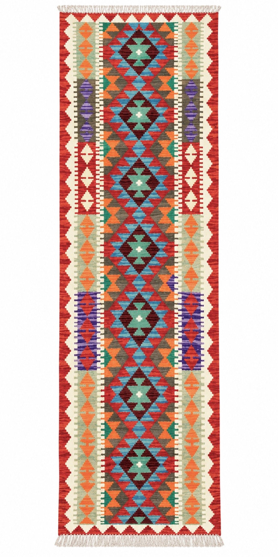 Handmade Afghan Chobi Kilim Runner Rug – Multicolour Geometric Design – 201 CM x 68 CM