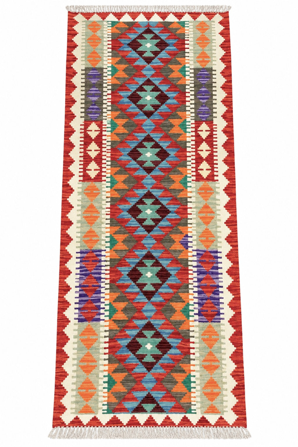 Handmade Afghan Chobi Kilim Runner Rug – Multicolour Geometric Design – 201 CM x 68 CM