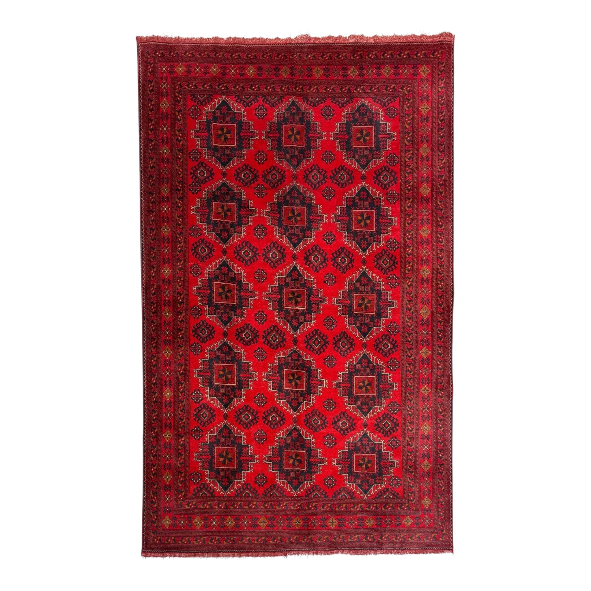 A rectangular red oriental rug with a traditional geometric pattern in black, dark brown, and red, shown flat against a white background.
