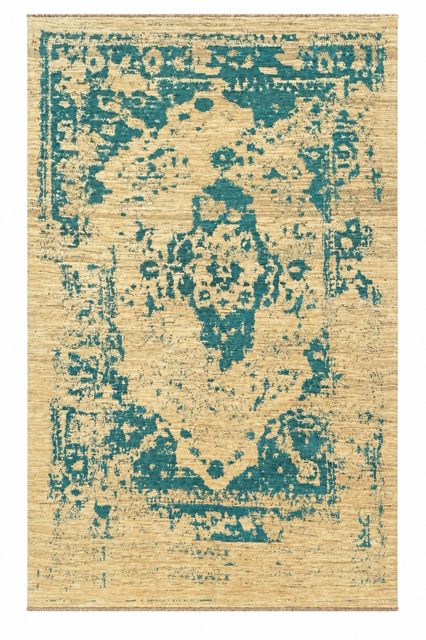 Handmade Ivory & Blue Abstract wool Rug, 293 CM x 200 CM