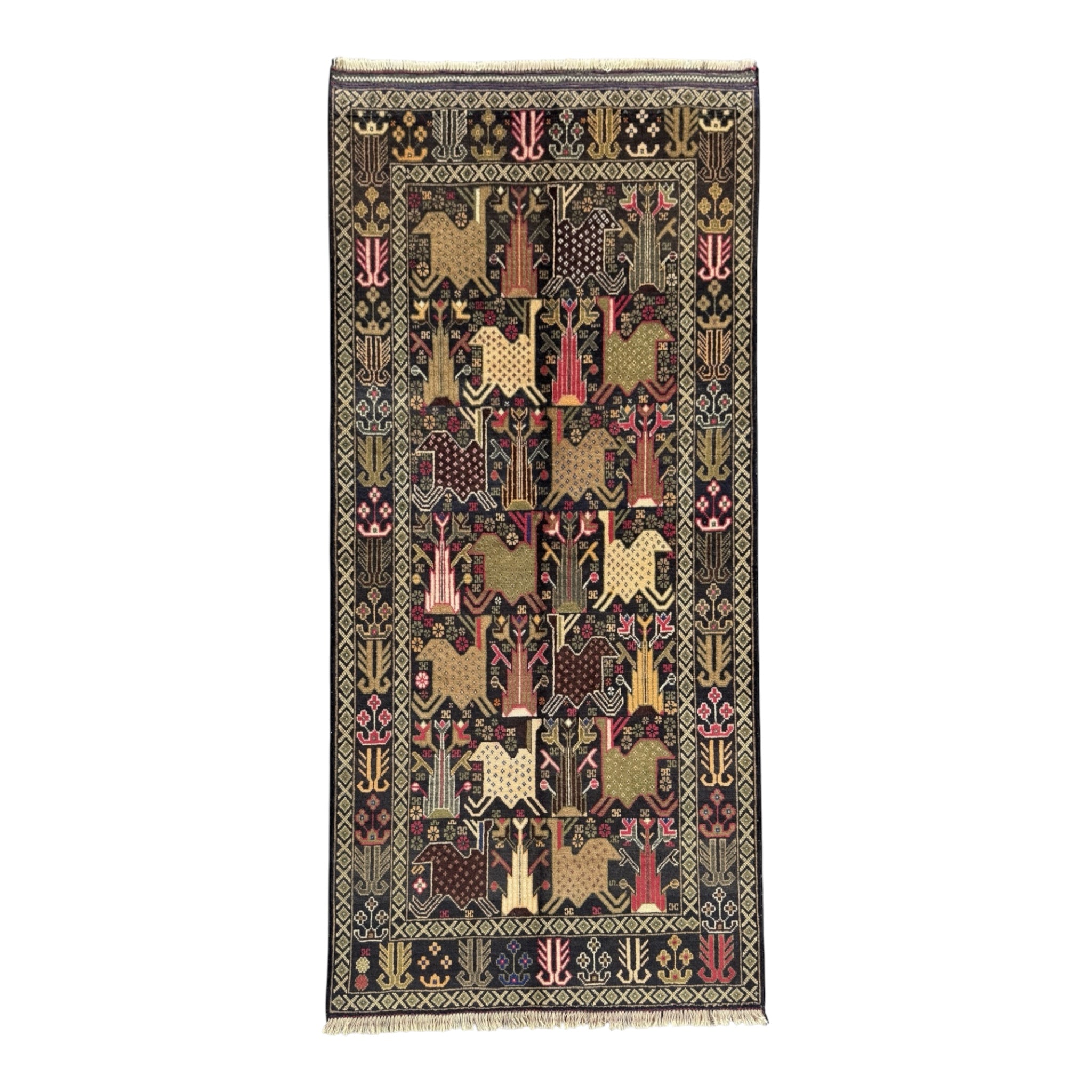 Decorative handmade rug with animal patterns.