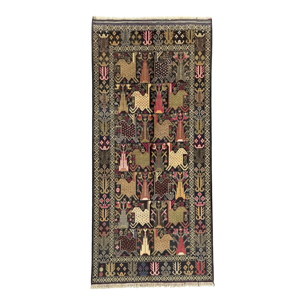 Decorative handmade rug with animal patterns.