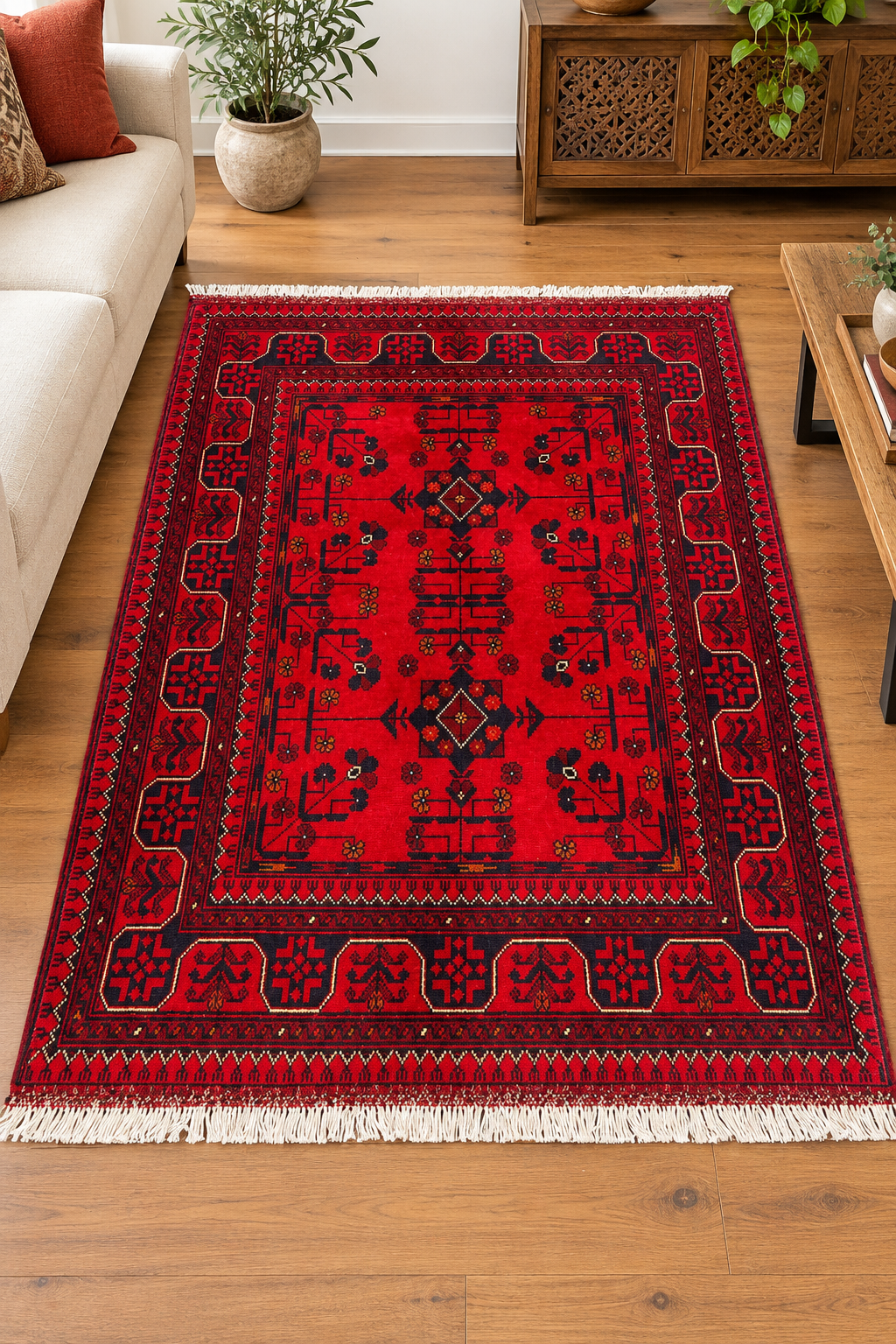 Handmade Afghan Traditional Khal Wool Rug – Red & Black – 153 CM x 101 CM