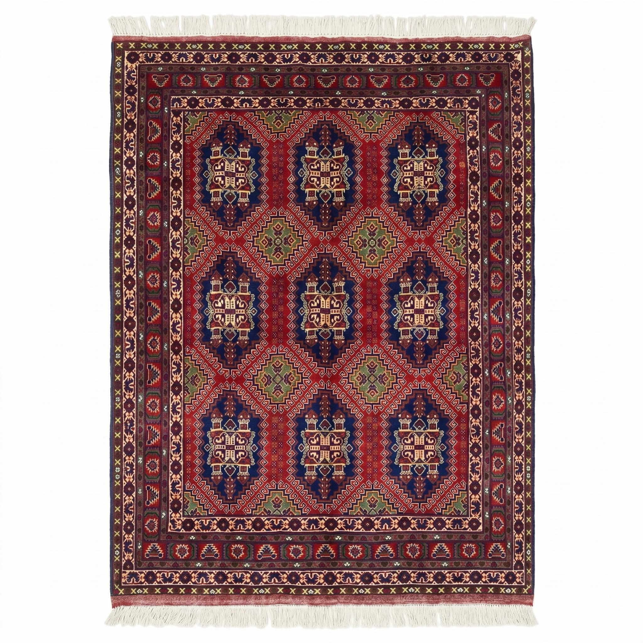 Handmade rug with intricate patterns.