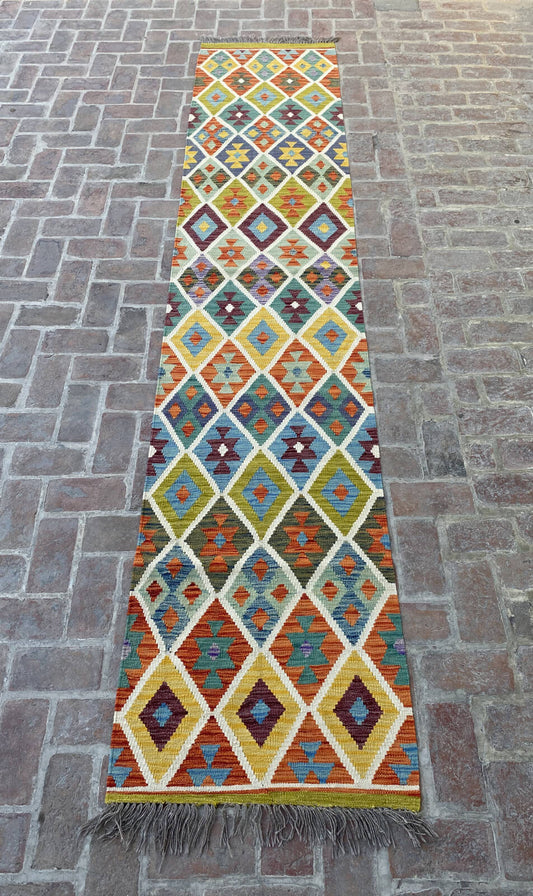 Handmade Afghan Chobi Kilim Runner Rug 386x76 cm KAS#817