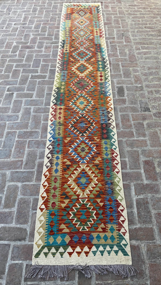 Handmade Afghan Chobi Kilim Runner Rug 492x82 cm KAS#819