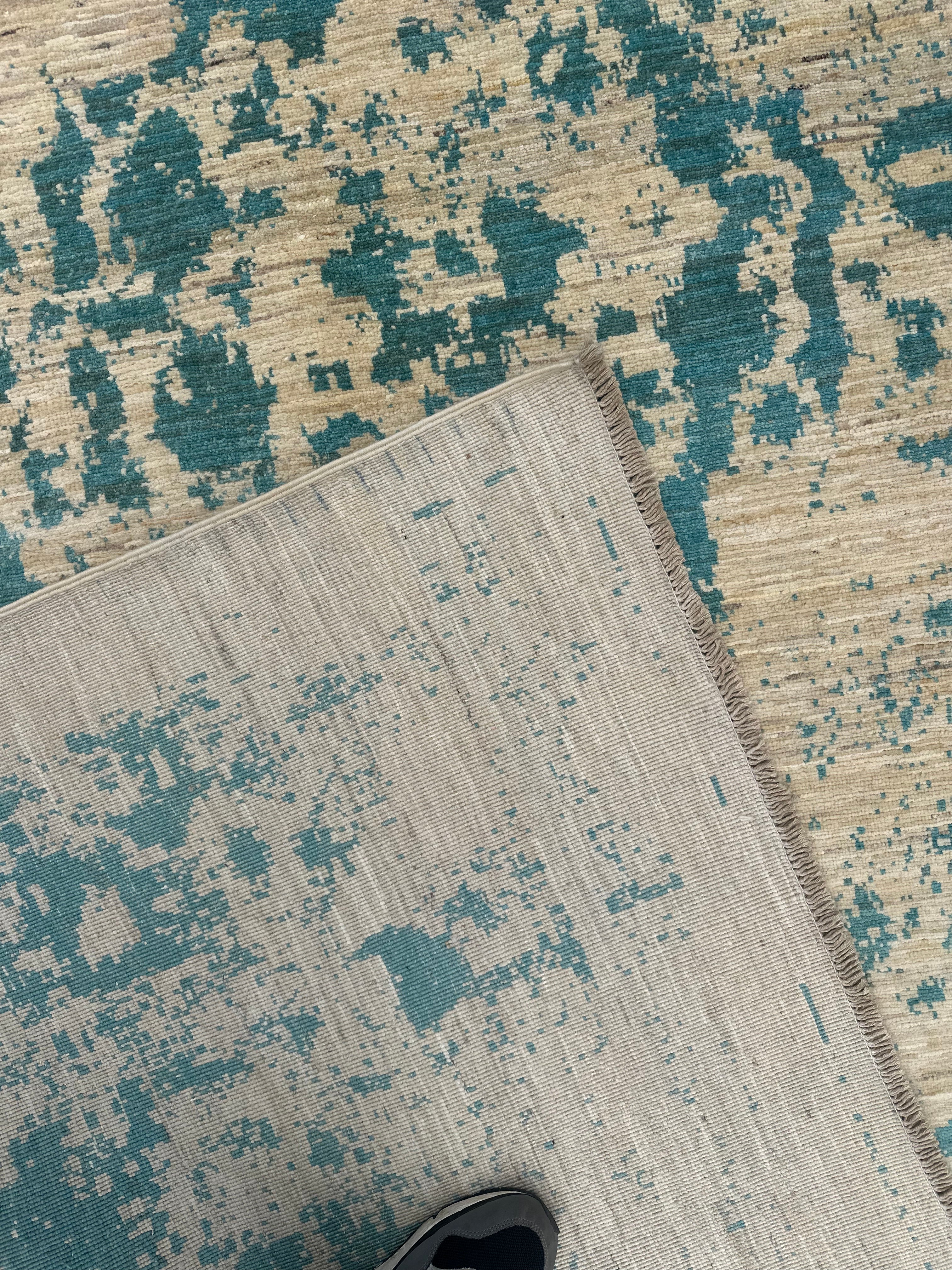 Handmade Ivory & Blue Abstract wool Rug, 293 CM x 200 CM