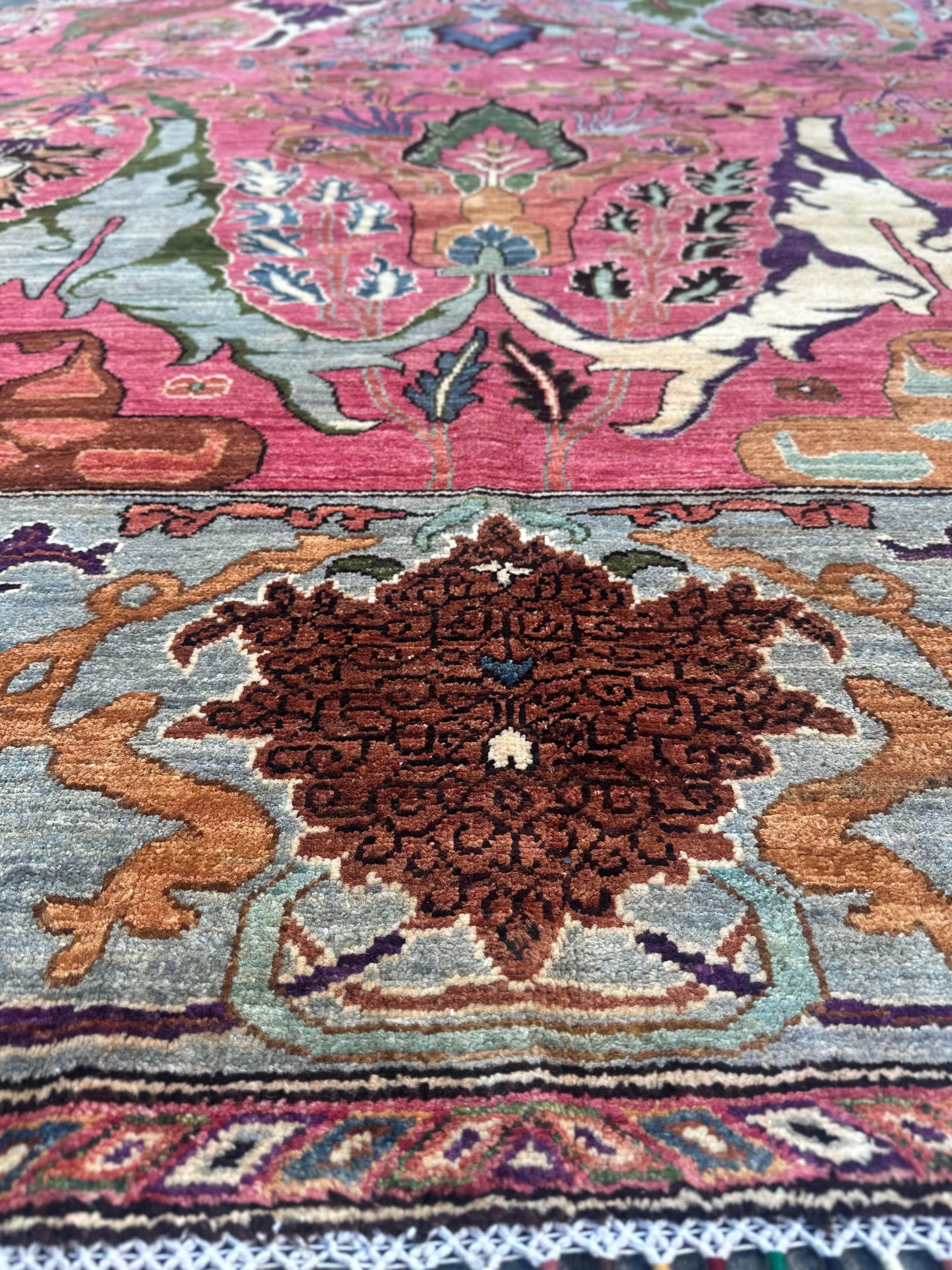 Handmade Afghan Pink Floral Chobi Rug, 306 x 250 CM