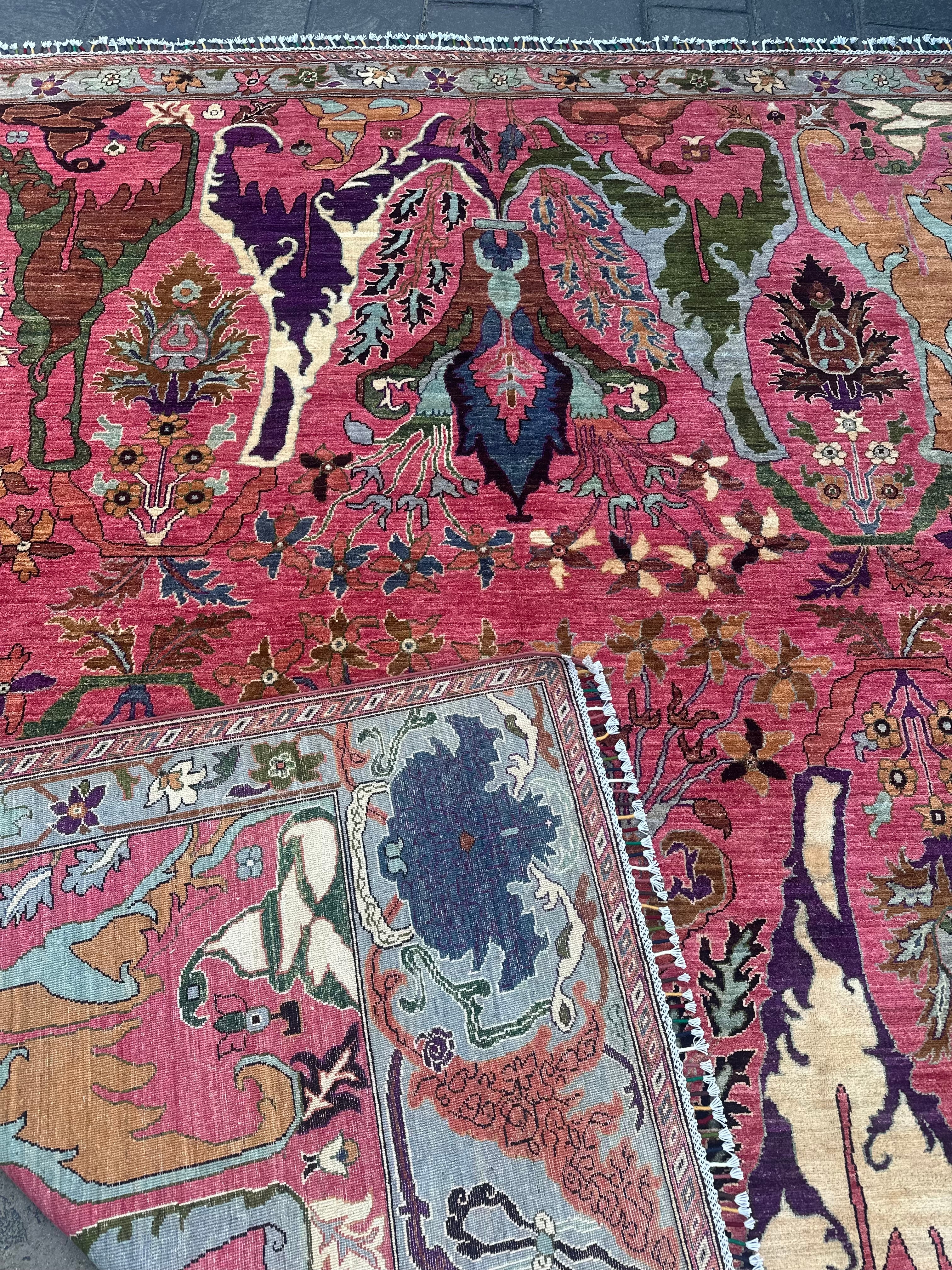 Handmade Afghan Pink Floral Chobi Rug, 306 x 250 CM