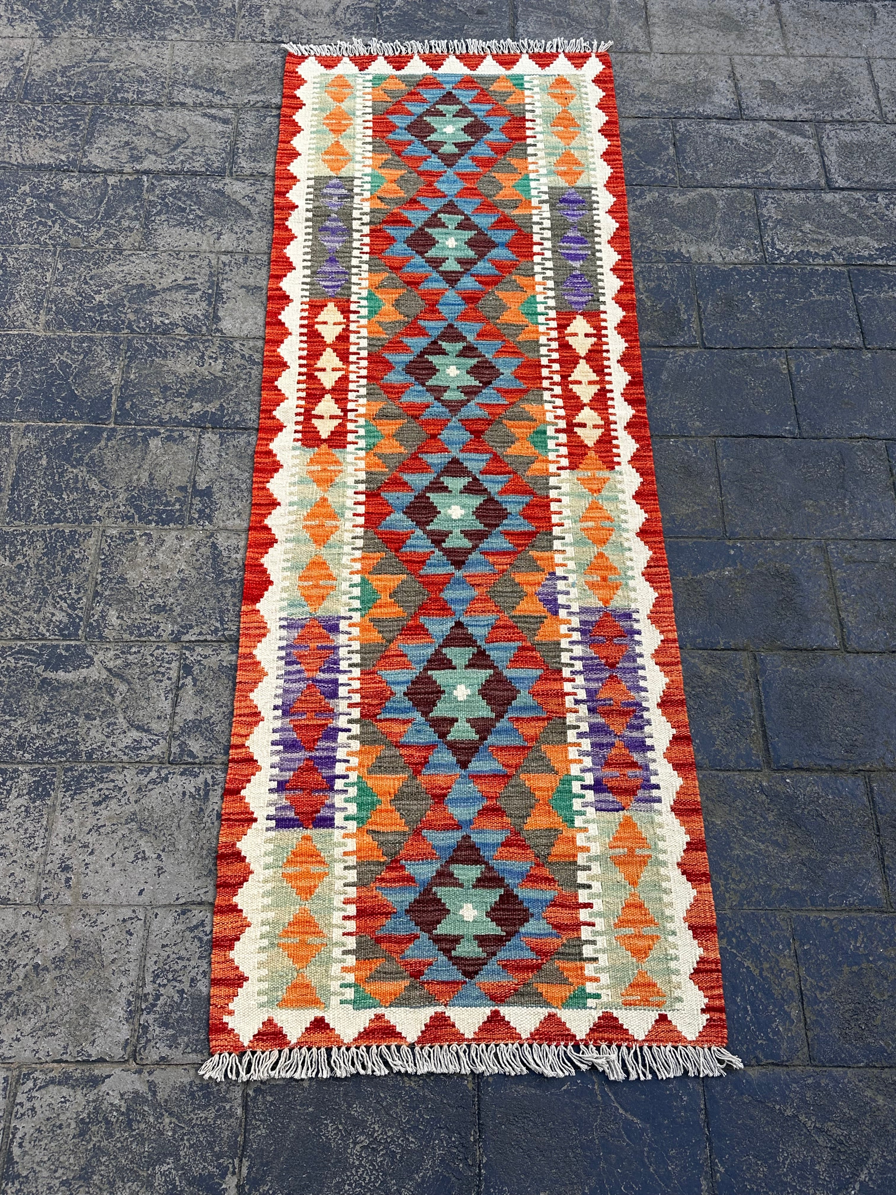 Handmade Afghan Chobi Kilim Runner Rug – Multicolour Geometric Design – 201 CM x 68 CM