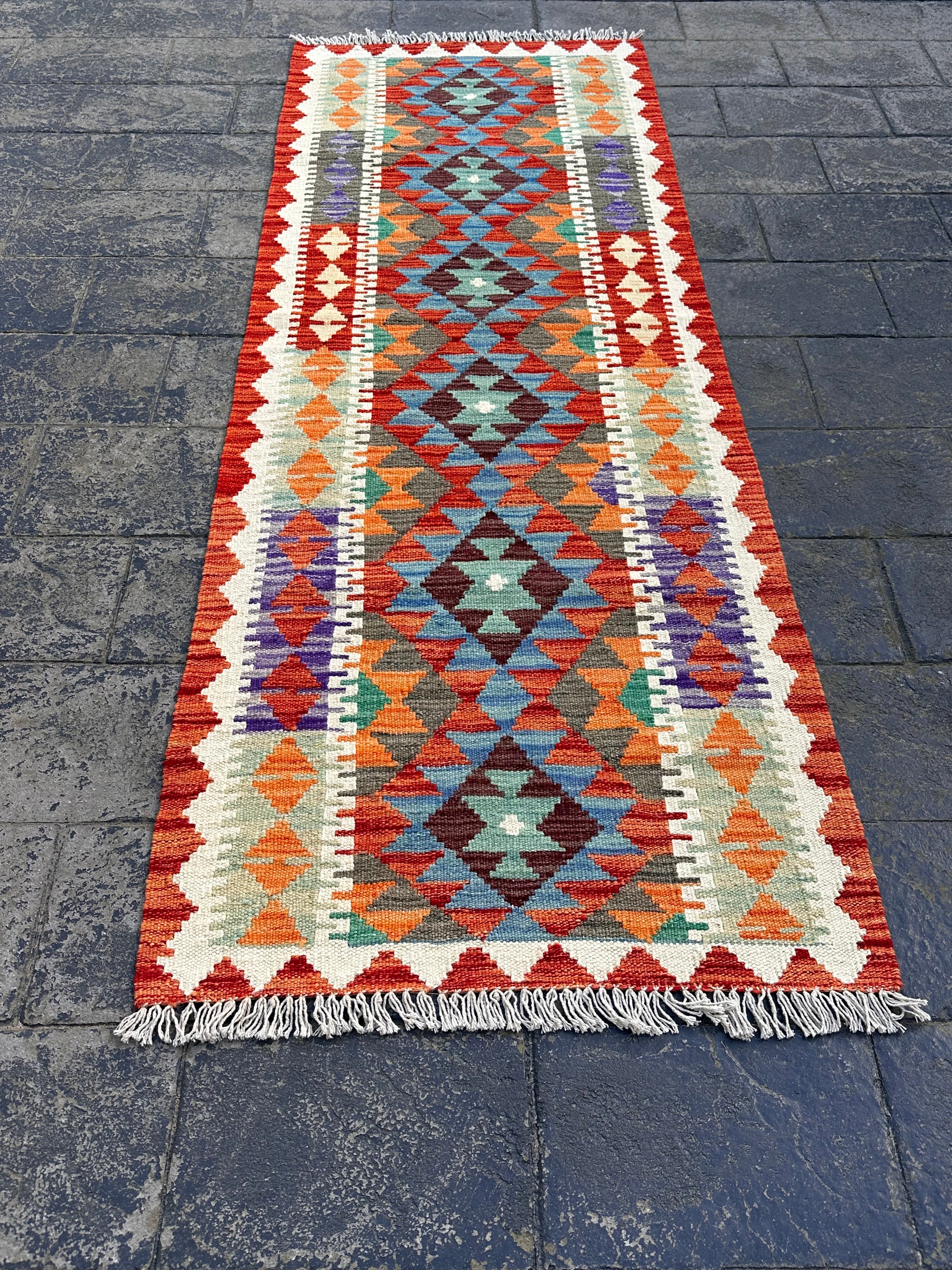 Handmade Afghan Chobi Kilim Runner Rug – Multicolour Geometric Design – 201 CM x 68 CM