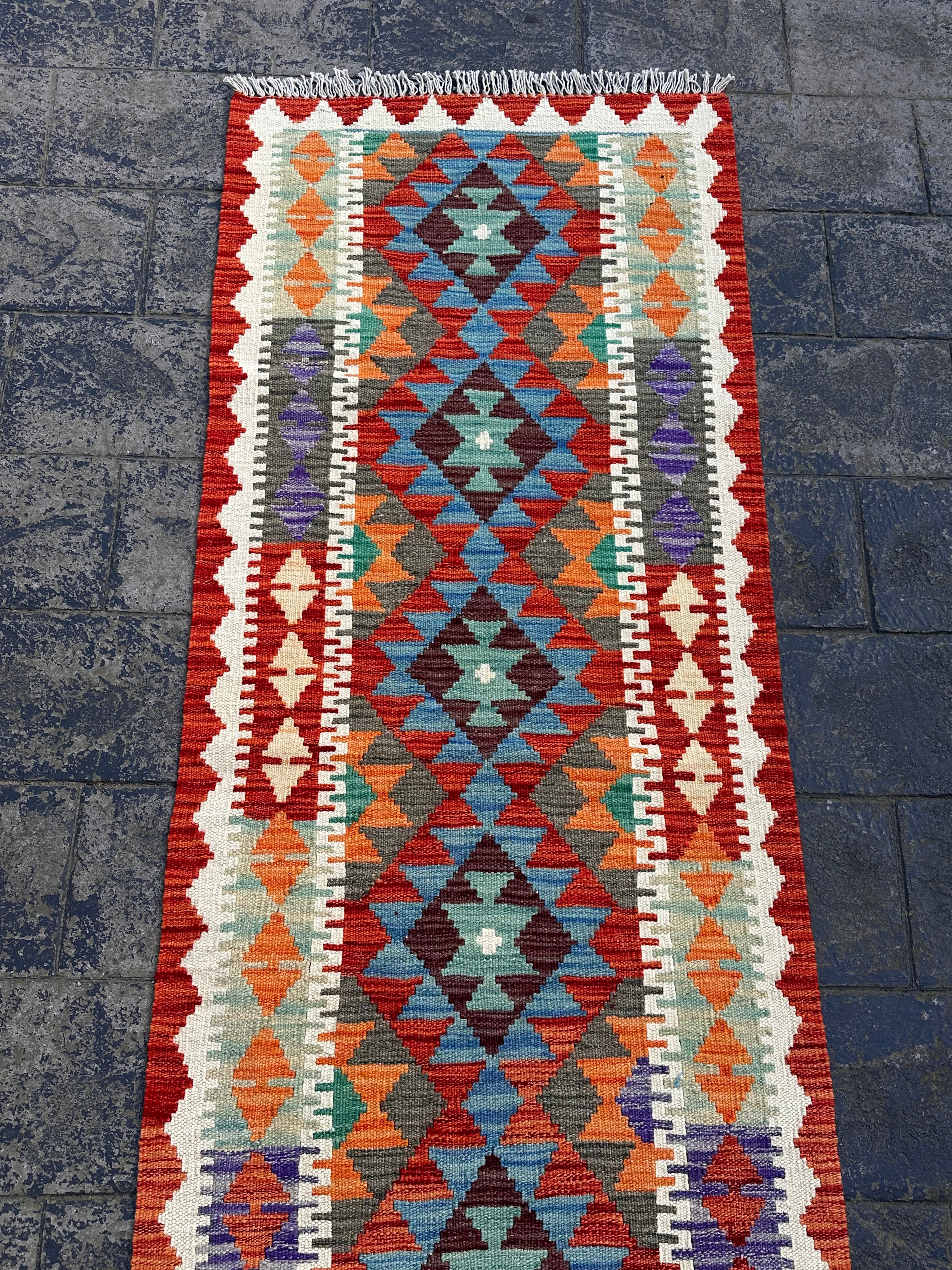 Handmade Afghan Chobi Kilim Runner Rug – Multicolour Geometric Design – 201 CM x 68 CM