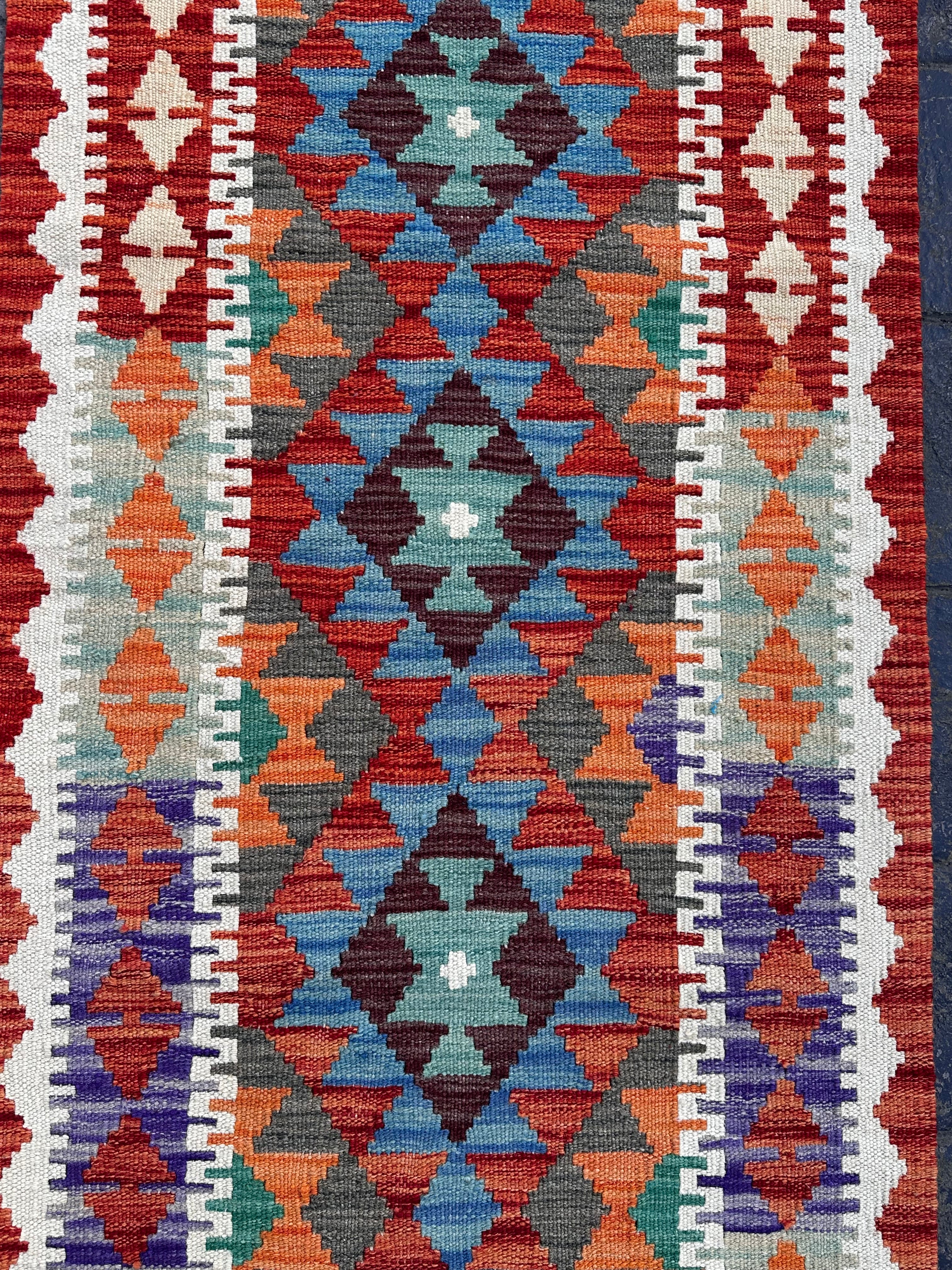 Handmade Afghan Chobi Kilim Runner Rug – Multicolour Geometric Design – 201 CM x 68 CM
