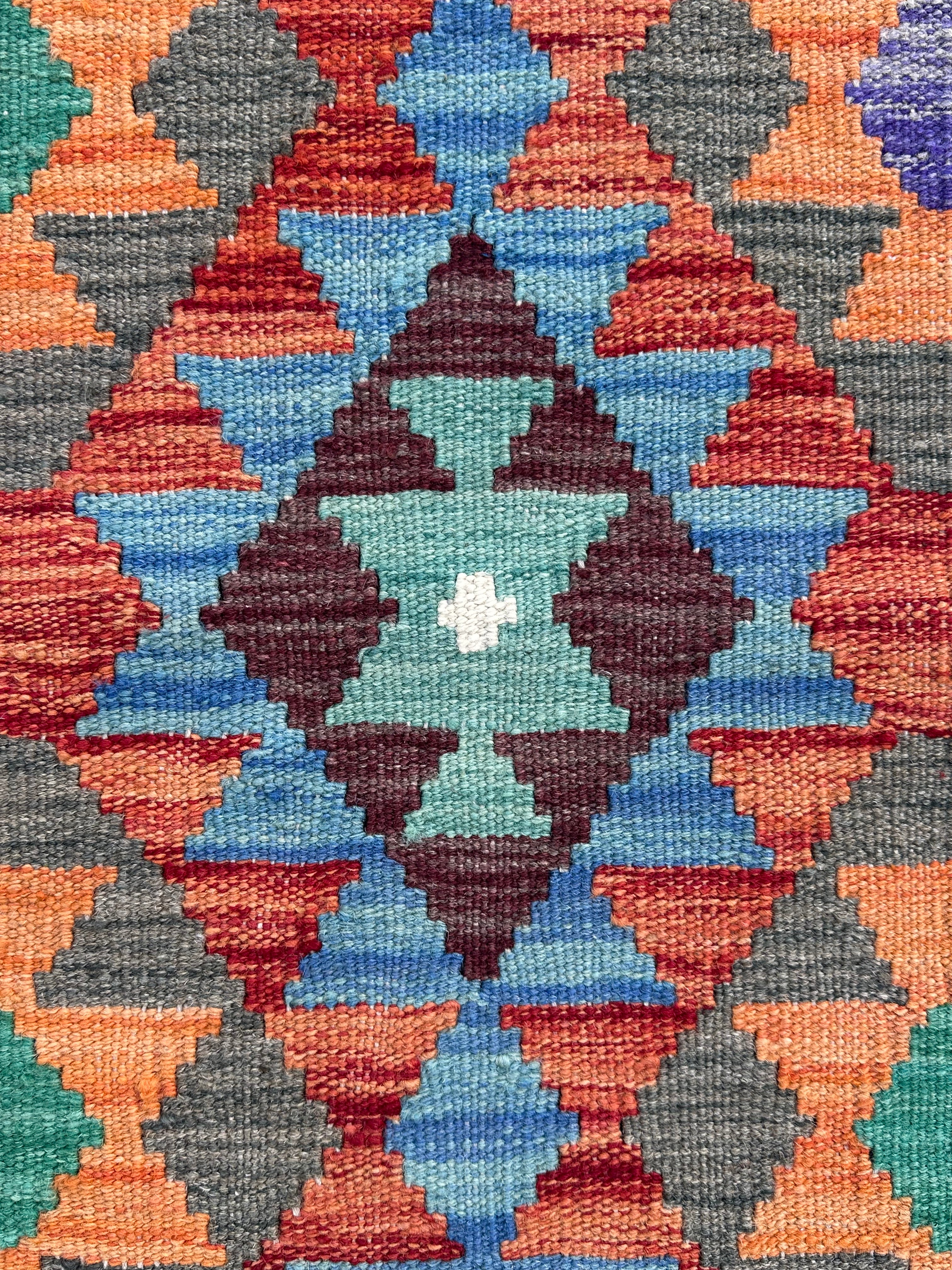 Handmade Afghan Chobi Kilim Runner Rug – Multicolour Geometric Design – 201 CM x 68 CM