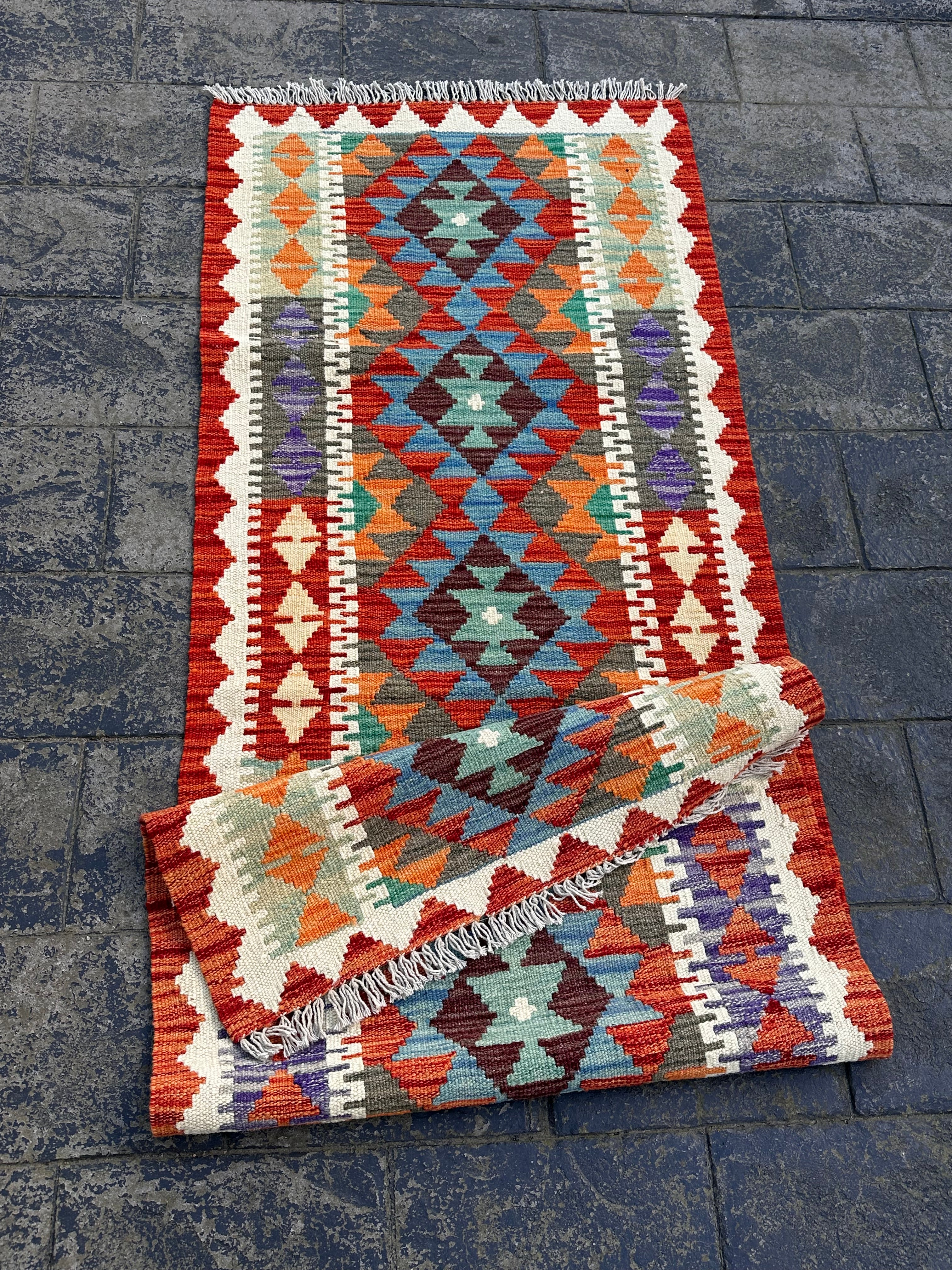 Handmade Afghan Chobi Kilim Runner Rug – Multicolour Geometric Design – 201 CM x 68 CM