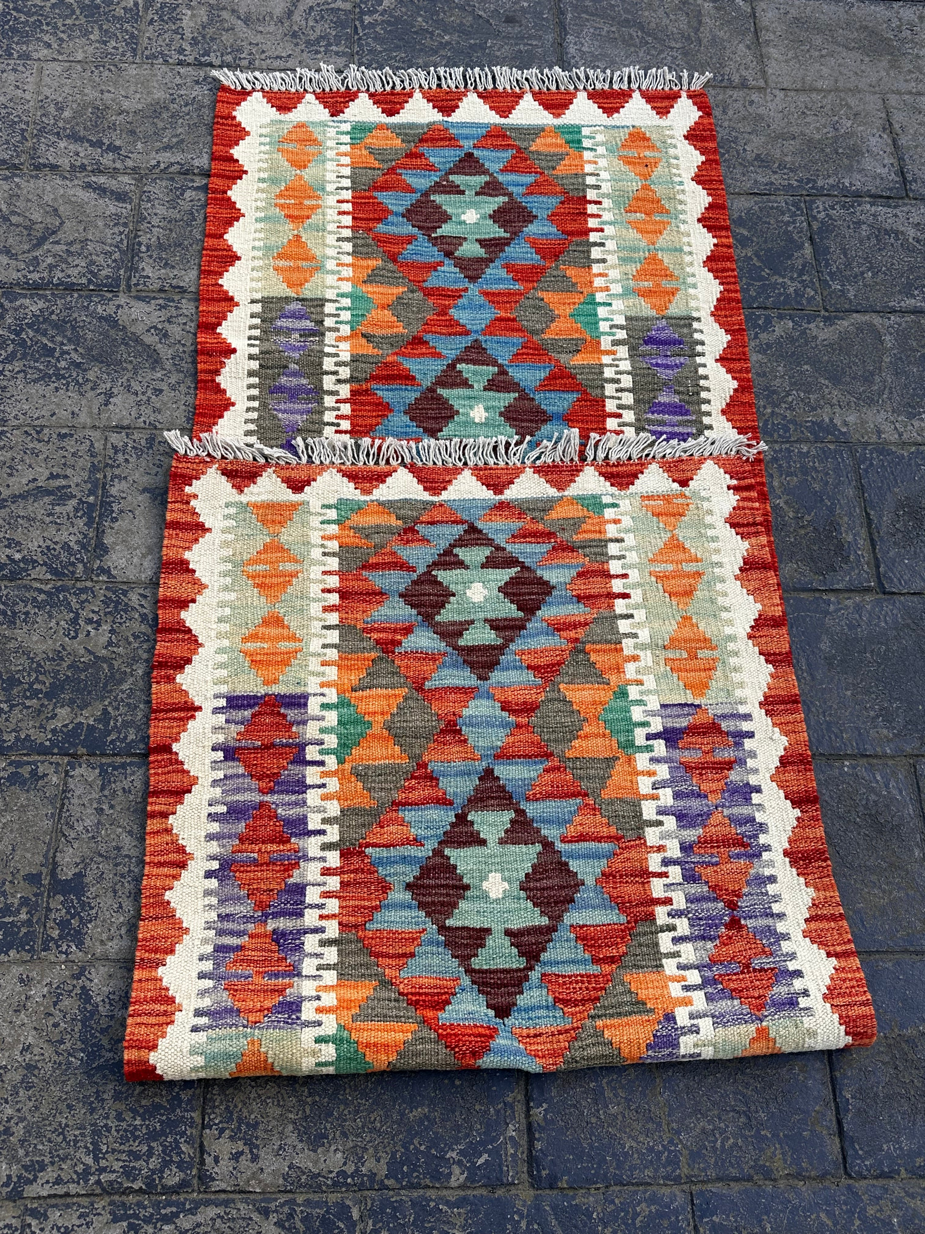 Handmade Afghan Chobi Kilim Runner Rug – Multicolour Geometric Design – 201 CM x 68 CM