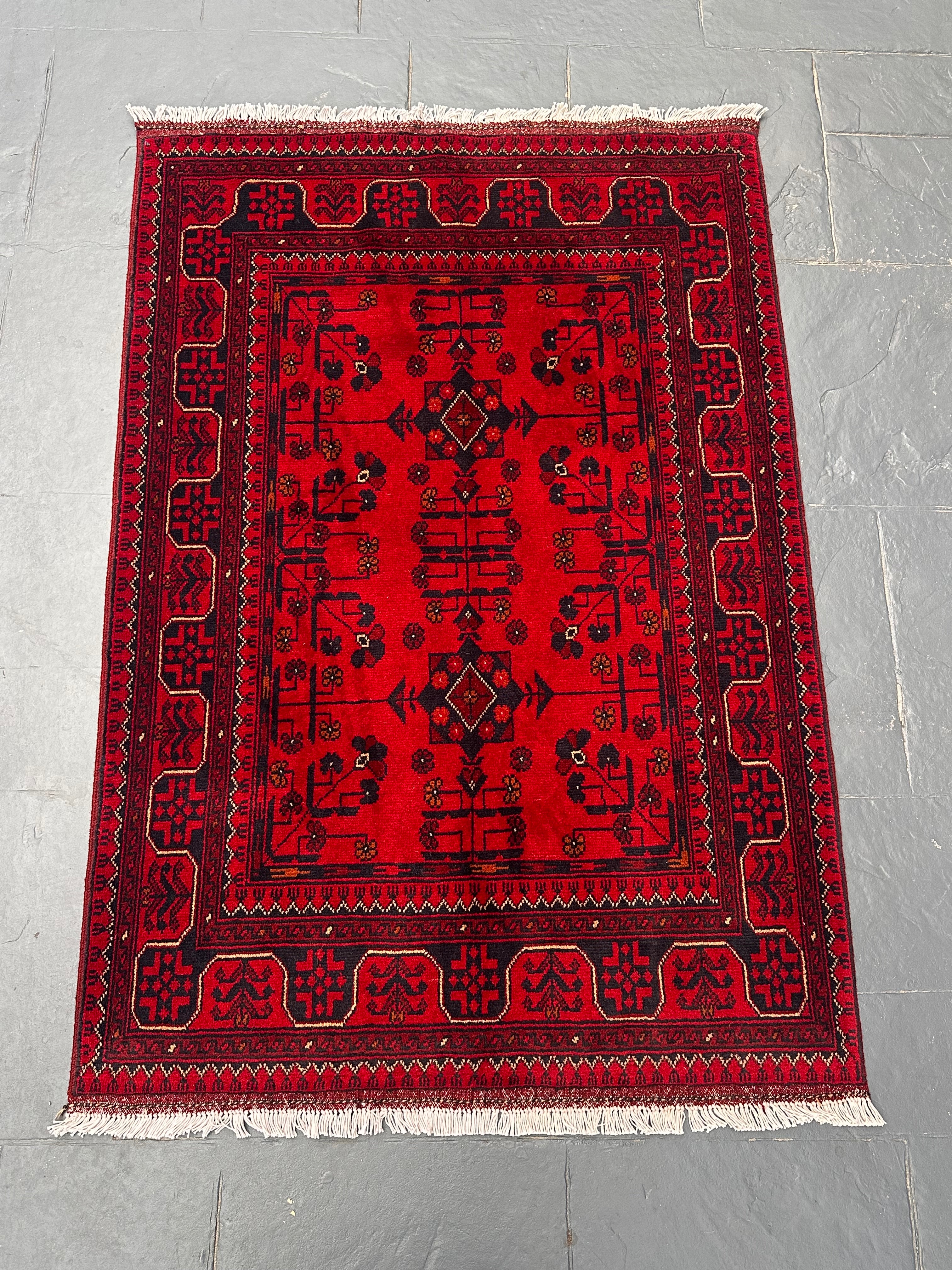 Handmade Afghan Traditional Khal Wool Rug – Red & Black – 153 CM x 101 CM