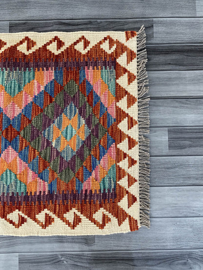Handmade Afghan Chobi Kilim Rug 88x67 cm KAS#707