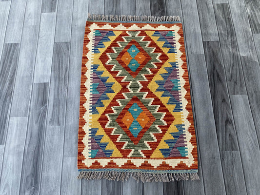 Handmade Afghan Chobi Kilim Rug 86x59 cm KAS#710