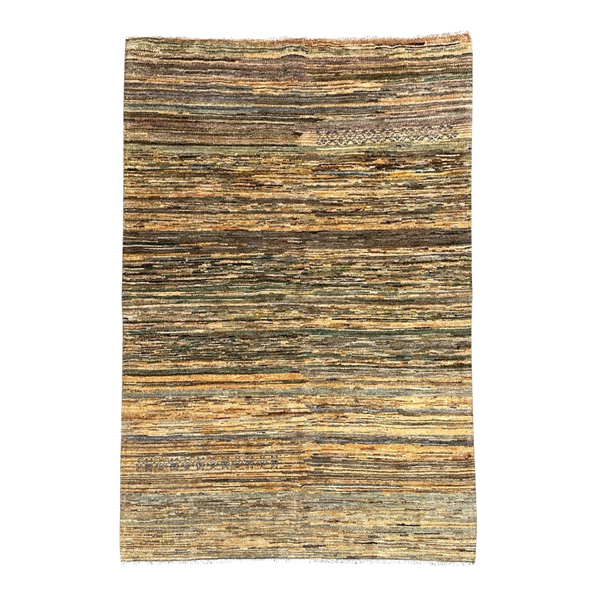 A rectangular area rug with a rustic, hand-woven texture featuring horizontal stripes in shades of brown, beige, and muted olive green, shown flat against a solid white background.