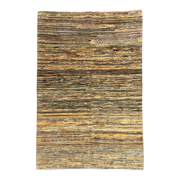A rectangular area rug with a rustic, hand-woven texture featuring horizontal stripes in shades of brown, beige, and muted olive green, shown flat against a solid white background.