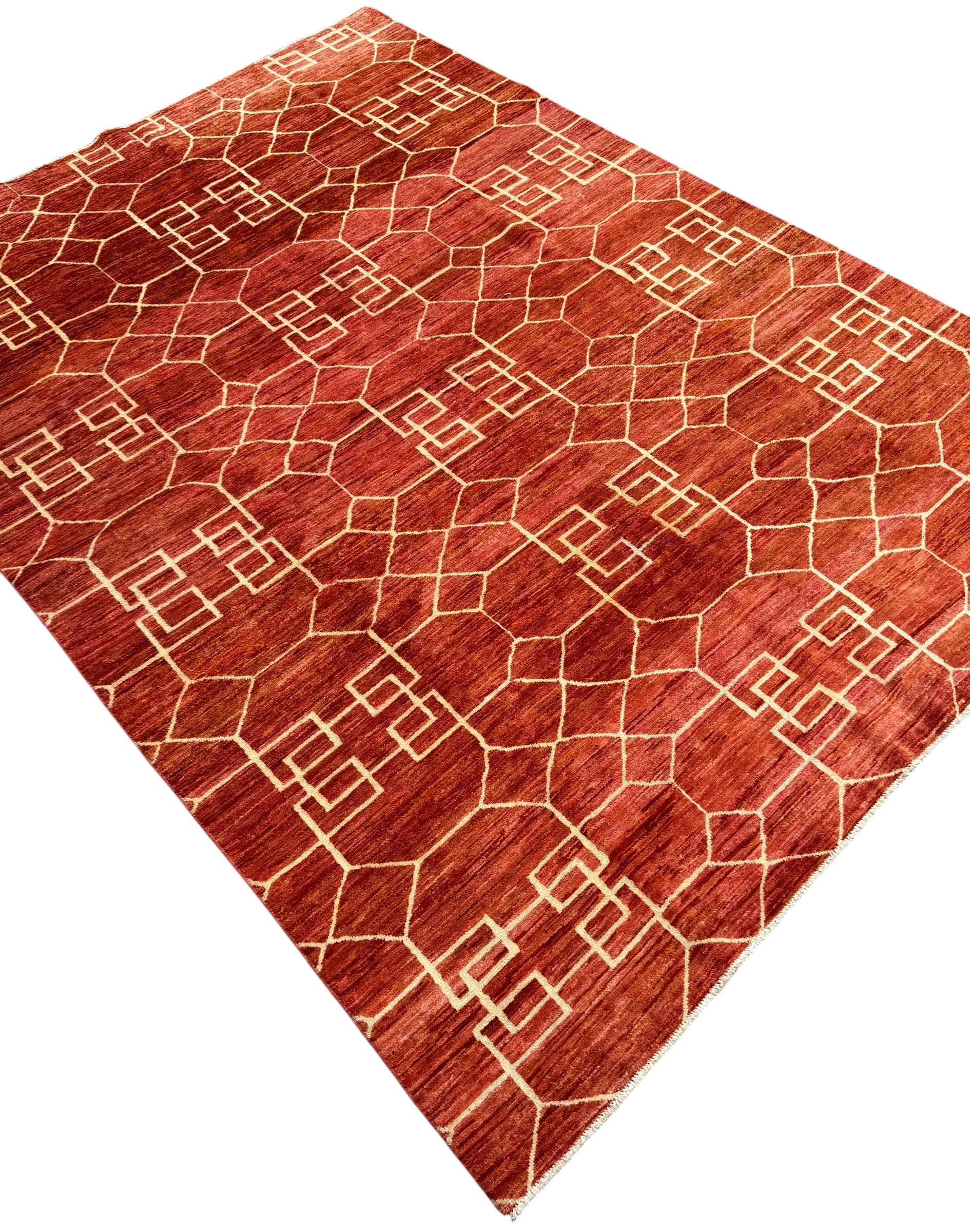 Handmade Rust Red Geometric Modern Wool Rug,  285 CM x 205 CM