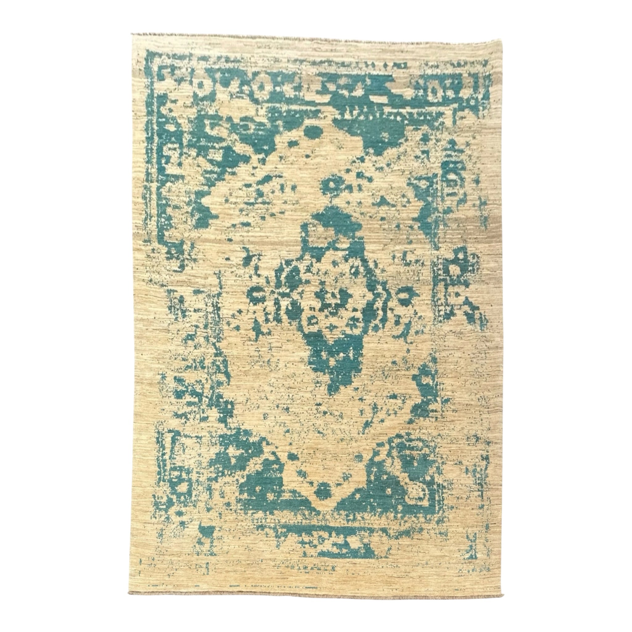 Handmade Ivory & Blue Abstract wool Rug, 293 CM x 200 CM
