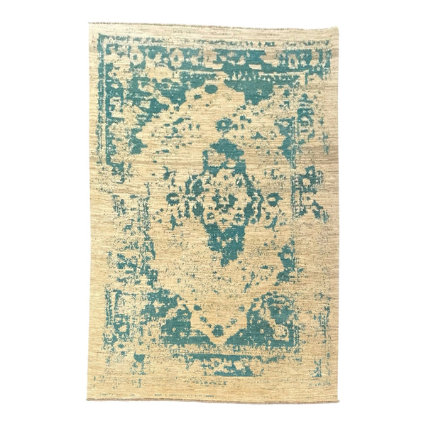 Handmade Ivory & Blue Abstract wool Rug, 293 CM x 200 CM