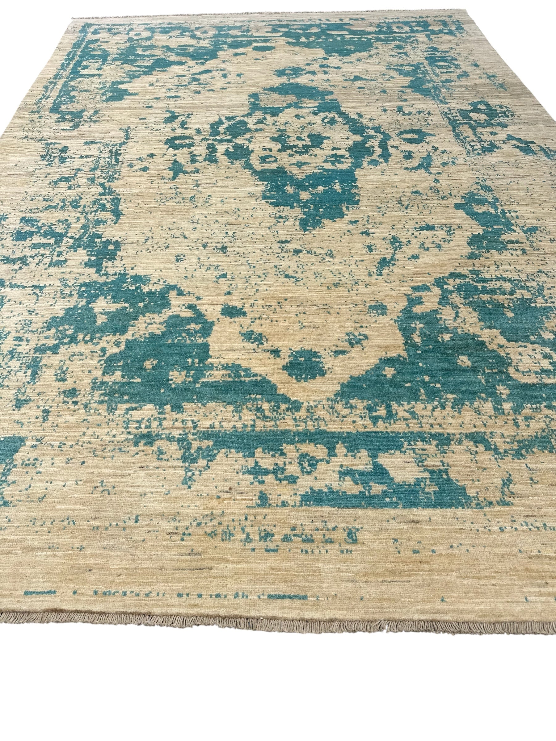 Handmade Ivory & Blue Abstract wool Rug, 293 CM x 200 CM