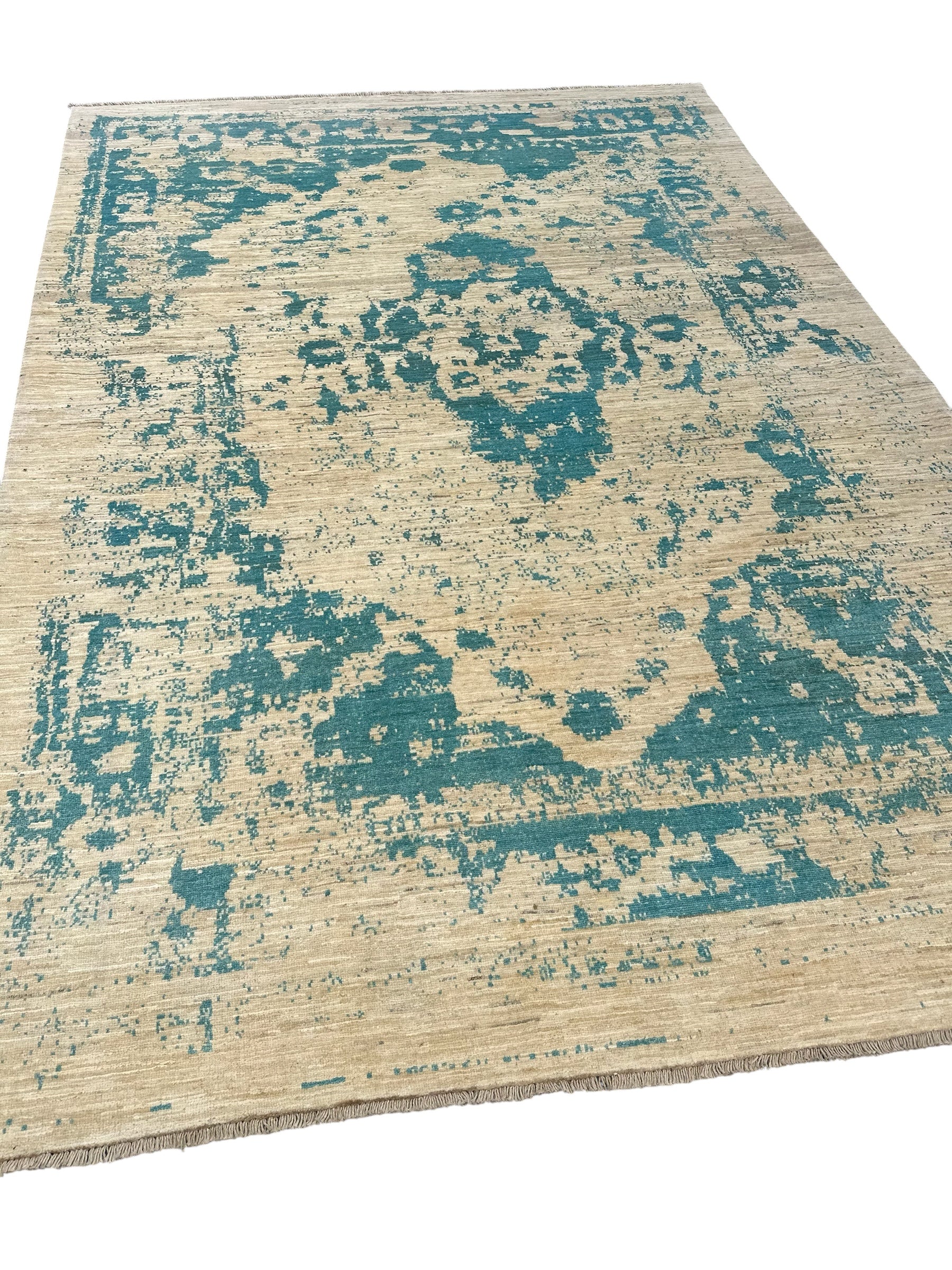 Handmade Ivory & Blue Abstract wool Rug, 293 CM x 200 CM