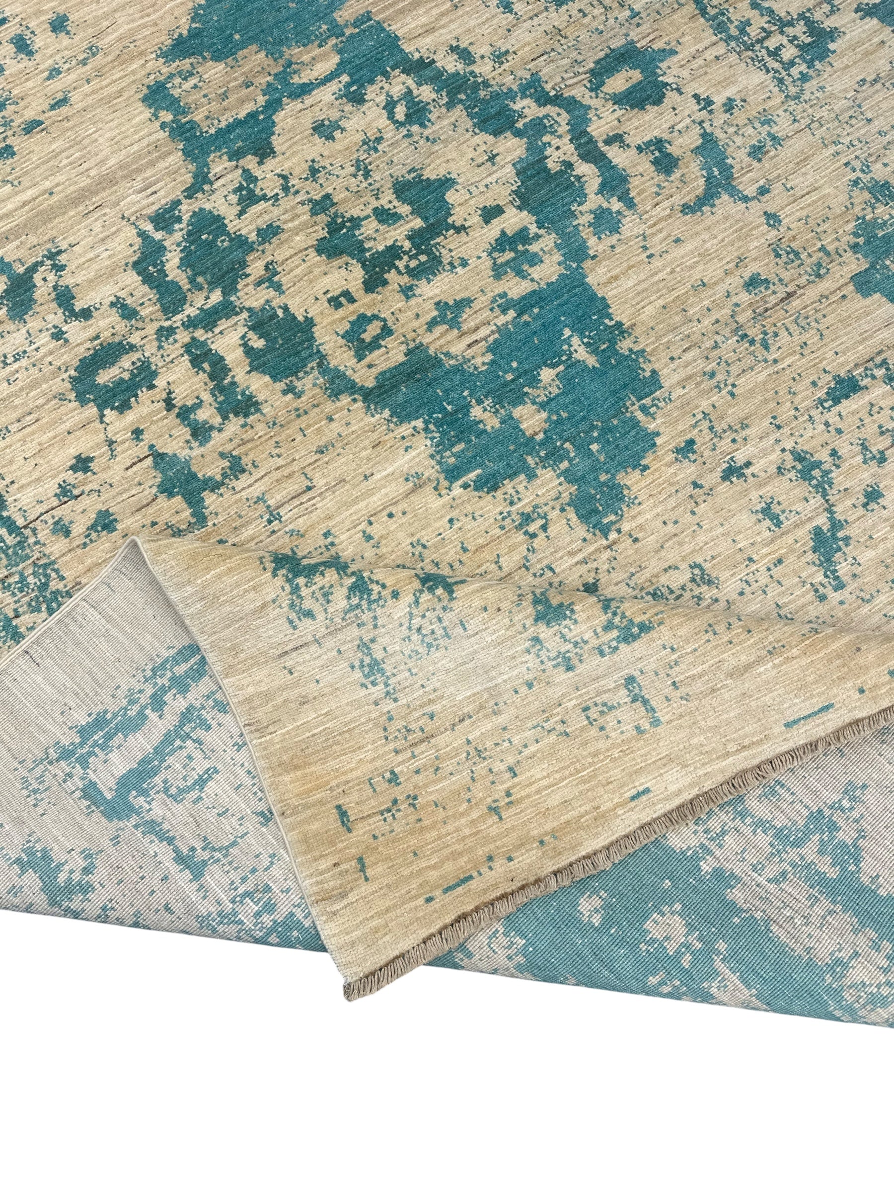 Handmade Ivory & Blue Abstract wool Rug, 293 CM x 200 CM
