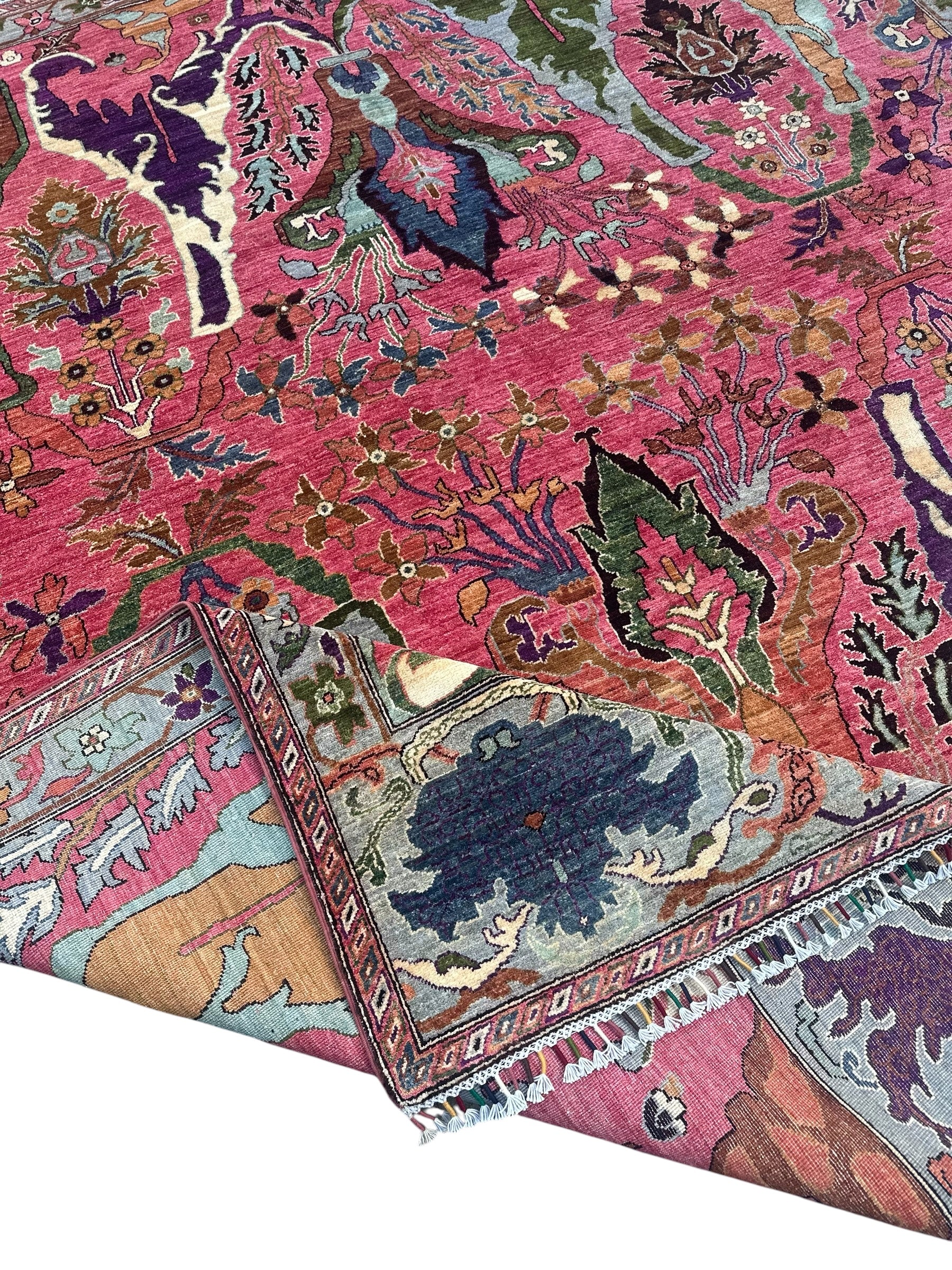 Handmade Afghan Pink Floral Chobi Rug, 306 x 250 CM