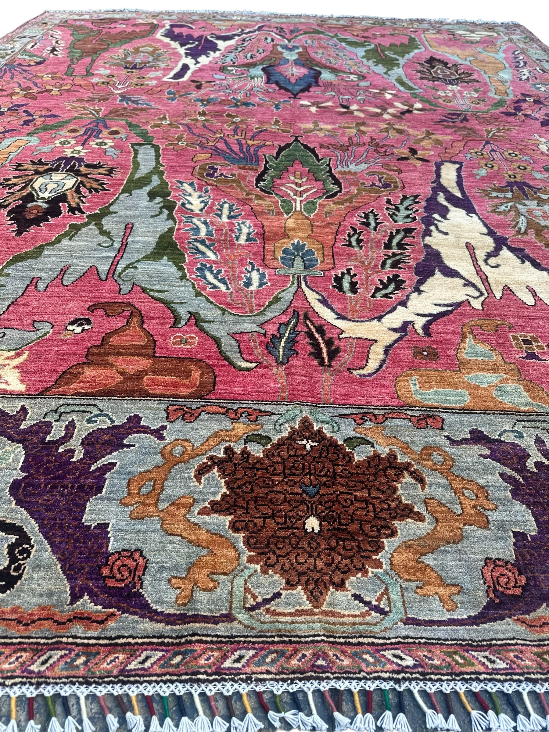 Handmade Afghan Pink Floral Chobi Rug, 306 x 250 CM