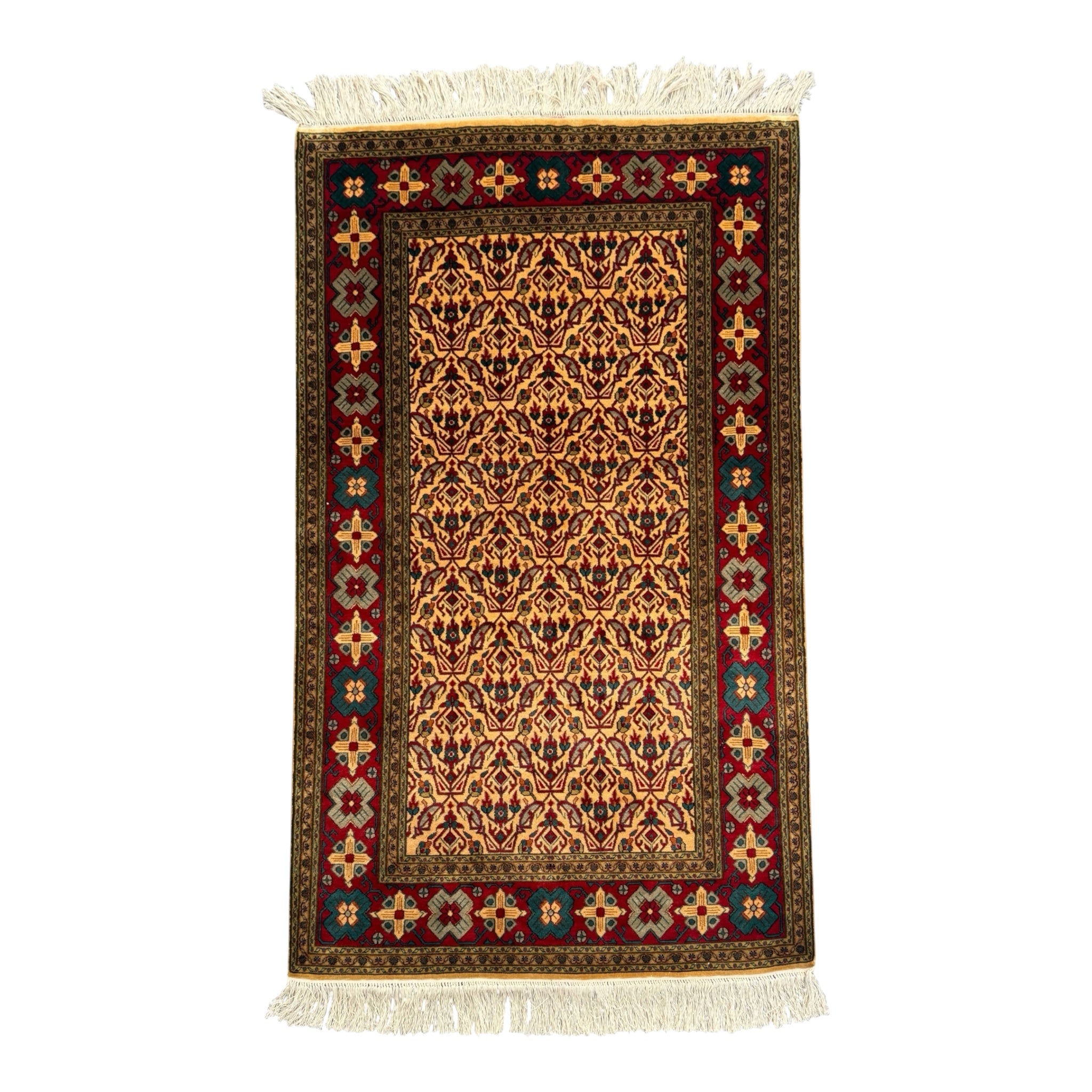 handmade Kashmiri silk rug featuring an intricate floral design with rich, traditional colours. Measuring 120 x 80 cm.