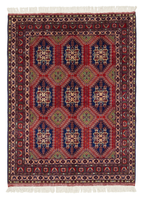 Handmade rug with intricate patterns.
